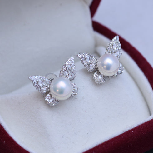8-9mm Freshwater Pearl Butterfly &Cubic Zirconia Earrings - House Of Pearls